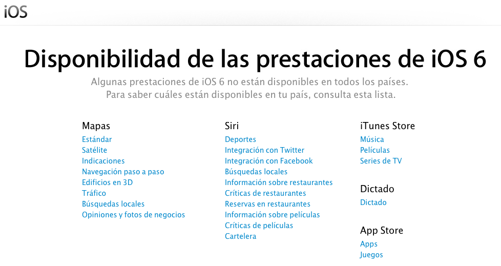 Disponibilidad de las prestaciones de iOS 6