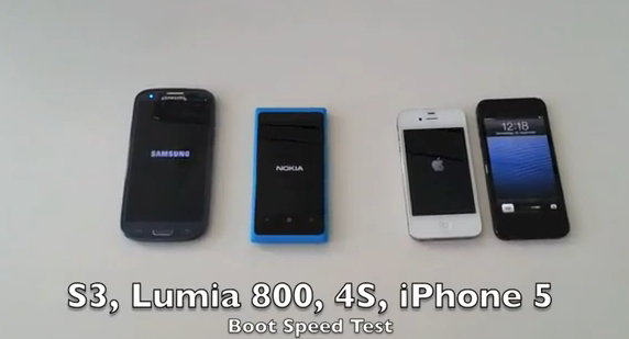 iPhone 5, iPhone4S, Nokia Lumia 800, Samsung Galaxy S3 Boot Speed